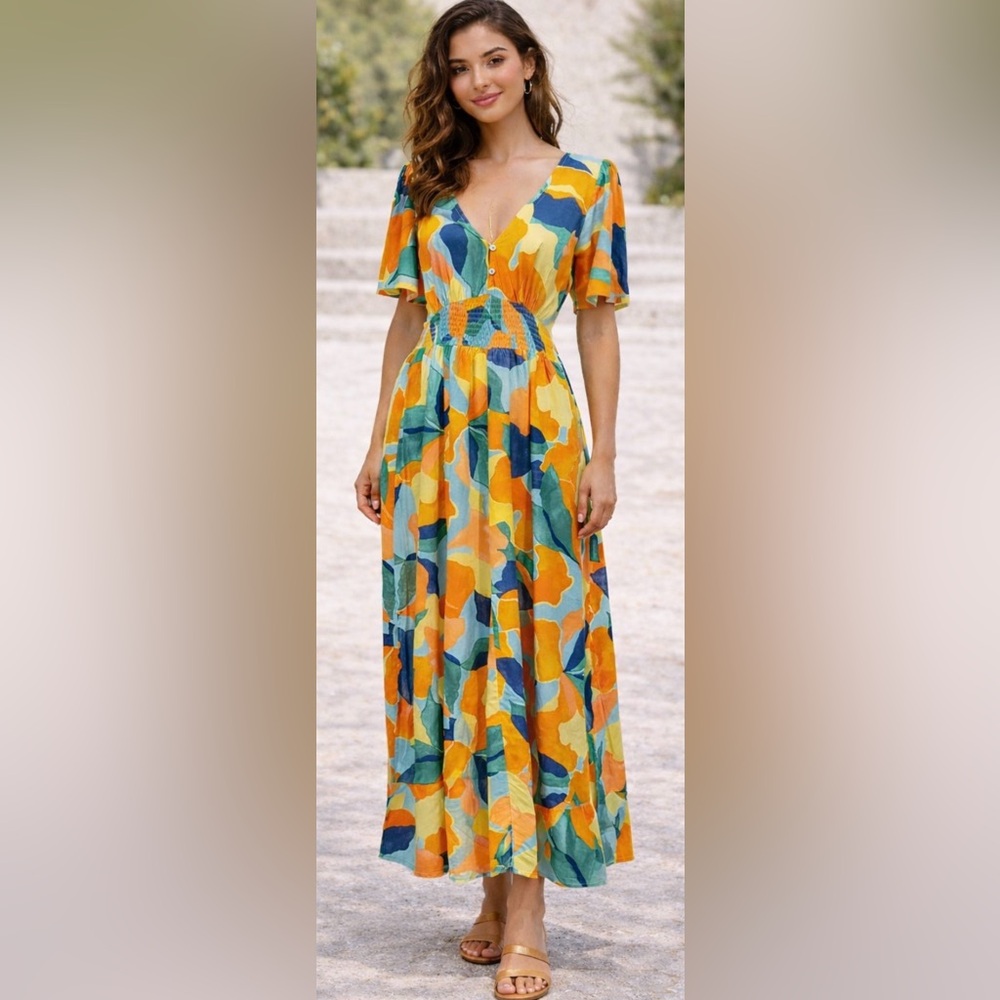 Abel The Label Abstract Maxi Dress Boho Luxe • Effortless Chic • Smocked‎ Waist